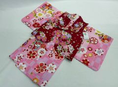 舞妓風リメイク着物ピンク色の花々が描かれた黒地の七五三用 結び帯の