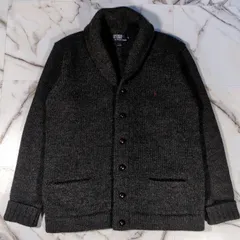 90s ポロバイラルフローレン 肉厚 ショールカラー カーディガン L 灰 ポニー刺繍 クルミボタン