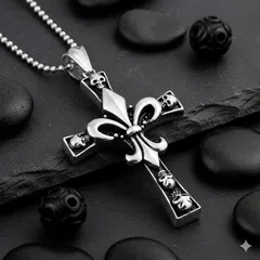 十字架 ネックレス クロス スカル ペンダント ステンレス 百合 ユリ フレア クロス 骸骨 髑髏 クロム メンズ アレルギーフリー