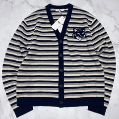 未使用品　メゾンキツネ　MAISON KITSUNÉ ウール　ボーダー　カーディガン　フォックスヘッド　インターシャ　ストライプド　コンフォート　カーディガン　FOX HEAD INTARSIA STRIPED COMFORT CARDIGAN Lサイズ