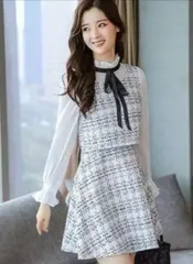 新品☆ワンピース ミニ ツイード リボン Aライン 白 ホワイト