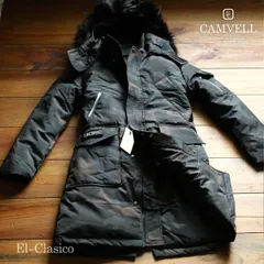 新品*英国ロンドン *CAMVELL キャンベル*ロングダウンコート 迷彩 ブラック 黒 白羽毛90% 防寒 重厚 フード取外し◆CAMLONDON-CABK