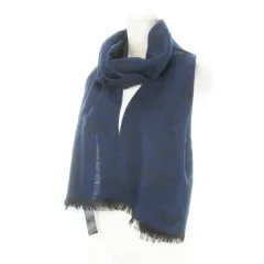 エンポリオアルマーニ EMPORIO ARMANI ストール マフラー ウール混 薄手 フリンジ ロゴ インターシャ 総柄 紺 ネイビー /AH11 ■GY19のサムネイル