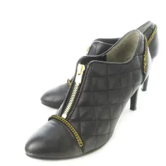 銀座かねまつ GINZA Kanematsu パンプス ブープス ブーティ レザー 革 キルティング ハイヒール アーモンドトゥ フロントジップ チェーン装飾 24.5 黒 ブラック /CK6 ■GY17