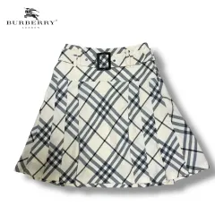 レア物) BURBERRY バーバリー ウール100% ノヴァチェック ベルト プリーツ スカート ミディ丈