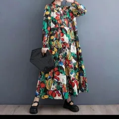 【新品】モード系　大きいサイズ　レディースゆったりロングワンピース　体型カバーAライン長袖春夏秋冬花柄