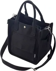 HILLVILLAGE ミニトートバッグ ファッションデザイナー監修付き＆2wayで使える 仕切り 手提げ 斜め掛け 8個のポケットで整理整頓 キャンバス レディース (ブラック)