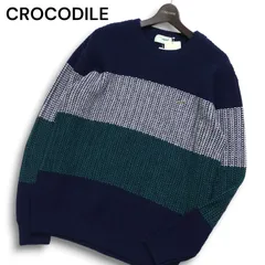 【新品 未使用】 CROCODILE クロコダイル 秋冬 ワニ ロゴ刺繍★ ボーダー 配色切替 ウール ニット セーター Sz.LL メンズ 紺