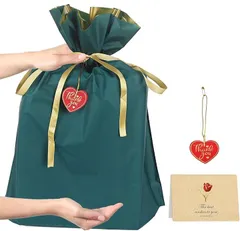 YOOTASIO ラッピング袋 大 リボン付+グリーティングカード+ハート型タグ二重構造・防水巾着袋 プレゼント袋 誕生日ギフトラッピング ハロウィン ラッピング用品 クリスマスラッピング ぬいぐるみ用ラッピング袋 (1枚x深緑,  XL)