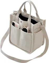 HILLVILLAGE ミニトートバッグ ファッションデザイナー監修付き＆2wayで使える 仕切り 手提げ 斜め掛け 8個のポケットで整理整頓 キャンバス レディース (ホワイト,  20cm x 13cm x 22cm)