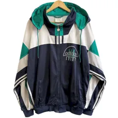 80's adidas アディダス vintage ビンテージ トラックジャケット ジャージ フード付き ロゴ刺繍 トレフォイル 白×ネイビー×グリーン Lサイズ No.L152