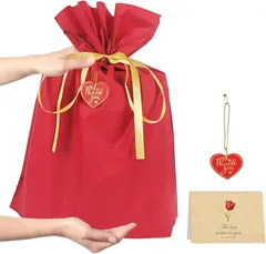 YOOTASIO ラッピング袋 大 リボン付+グリーティングカード+ハート型タグ二重構造・防水巾着袋 プレゼント袋 誕生日ギフトラッピング ハロウィン ラッピング用品 クリスマスラッピング ぬいぐるみ用ラッピング袋 (1枚x赤,  XL)