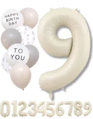 【特価セール】数字 バルーン ベージュ 大きい 誕生日 風船セット くすみ ナンバーバルーン アイボリー バースデー デコレーション (9 くすみホワイト)