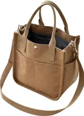 HILLVILLAGE ミニトートバッグ ファッションデザイナー監修付き＆2wayで使える 仕切り 手提げ 斜め掛け 8個のポケットで整理整頓 キャンバス レディース (ブラウン)