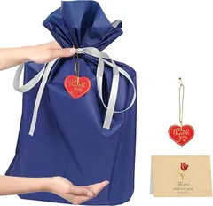 YOOTASIO ラッピング袋 大 リボン付+グリーティングカード+ハート型タグ二重構造・防水巾着袋 プレゼント袋 誕生日ギフトラッピング ハロウィン ラッピング用品 クリスマスラッピング ぬいぐるみ用ラッピング袋 (1枚x深青,  XL)