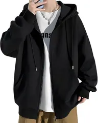 aspersio アスペルシオ ストリート系 スウエットパーカー 長袖 シルエット フルジップアップ フーディー メンズ 大人 オシャレ ジップアップパーカー アウトドア スウェット トップス b系 (アイボリーブラック(薄手),  XL)