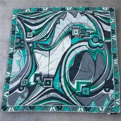 エミリオプッチ EMILIO PUCCI 幾何学模様 シルクスカーフ ターコイズ×グレー ヴィンテージ調 MADE IN ITALY