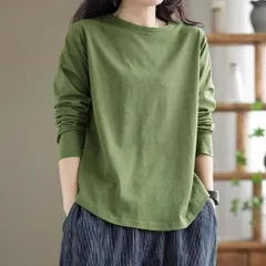 M グリーン Tシャツ ロンT カットソー レディース クルーネック 肌見せ