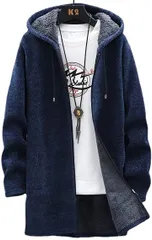 aspersio アスペルシオ フードつき ジップアップ ロングコート ビター系 お洒落 裏起毛 アウター メンズ 長袖 裏ボア カーディガン ジップアップパーカー ジャケット ストリート系 暖かい (スモークネイビー,  L)