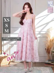 ピンク×ベージュ [AOC-3926]【an/アン】クラシカル/ トワルドジュイ/ オーガンジー/ コルセット風/ 立体フラワー/ 肩リボン/ キャミ/ フレア/ ミディドレス/ ミディアムドレスキャバドレス / ワンピース/ ドレス