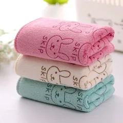 Maatsu バスタオル うさぎ柄 吸水 速乾 マイクロファイバー 大判 70x140cm 大判バスタオル 3枚セット (ピンク、ベージュ、ブルー,  大型)