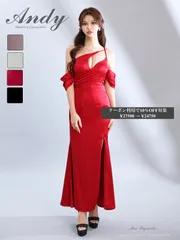 レッド [OF05] [ON2993-MOC-2509]【ANDY/アンディ】ワンショル/ バストカットアウト/ オフショル/ スリット/ クロスストラップ/ ロングドレス/ キャバドレス