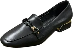 blue beryl ローファー レディース 本革 チャンキーヒール 3cmヒール ビット ラバーソール スクエアトゥ (ブラック,  24.5 cm 2.5E)