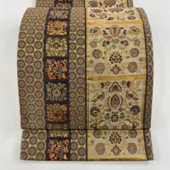 【美品】 袋帯 秀品 鳥 花唐草 箔 唐織 灰色 六通 正絹 【中古】