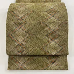 【美品】 名古屋帯 秀品 八寸名古屋帯 トンネル仕立て 縞 幾何学模様 金銀糸 茶緑色 正絹 【中古】