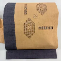 【美品】 名古屋帯 秀品 紬地 亀甲 幾何学 刺繍 薄オレンジ 正絹 【中古】