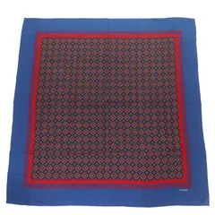 極美品△CHANEL シャネル ヴィンテージ シルク100％ ロゴ 総柄プリント カレ140サイズ スカーフ ブルー レッド系 イタリア製 レディース