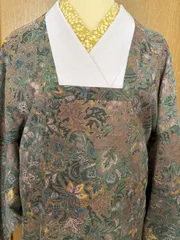 和装　輪奈コート　ショール付　花、葉グリーン系　裄65