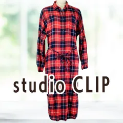 UESD studio CLIP チェックシャツワンピース レッド系 Ｌサイズ 長袖 レディース スタジオクリップ