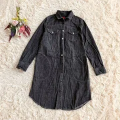 フォロワー限定お得なクーポン配布中！ 『Sunny clouds』サニークラウズ　デニムシャツワンピース　チュニック　長袖　ロング　ポケット有　カラフルボタン　襟付き　ラウンドヘム　綿100％　コットン100％　ネイビー(M)