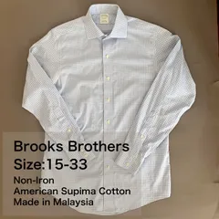 【15-33】Brooks Brothers ワイドカラーシャツ / Supima Cotton チェック ライトブルー×ホワイト M相当 メンズ