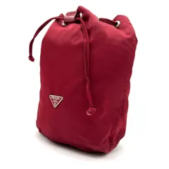 【良品】 PRADA プラダ ハンドバッグ ポーチ 巾着 三角プレート ナイロン レッド 赤色 ユニセックス 男女兼用 メンズ レディース