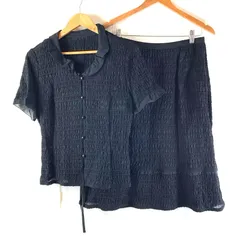 レリアン leilian セットアップ 半袖 ジャケットスカート フリル テープデザイン ブラック 13+サイズ 977102