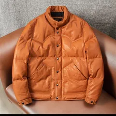 新品未使用 h 2025新作 メンズ 本革 レザーダウンジャケット 350g充填 頭層植物鞣しシープレザー 厚手 防寒 高級感 ヴィンテージ風 橙色 冬用 ビジネス＆カジュアル兼用 真皮 コート 大人 上質