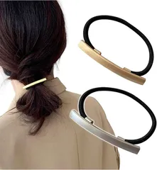 Herbeluemily(ハベルミリィ) ヘアゴム 黒 髪ゴム チャーム オシャレ 金具付き シンプル メタル モチーフ おしゃれ F ラインプレート (ゴールド+シルバー 2個セット)