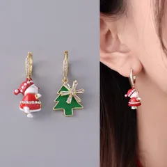 クリスマス ピアス サンタクロース＆ツリー アシンメトリー ゴールド レディース アクセサリー 冬