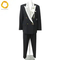 #aux カネコイサオ KANEKO ISAO セットアップ 黒 オフホワイト レース パンツ スーツ ダブル 金釦 ブローチ付き ヴィンテージ [970954] k01