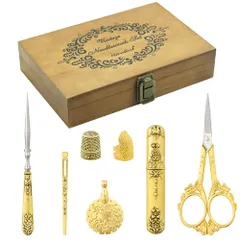 新品 D&D 刺繍はさみセットヨーロッパのアンティーク 木製縫製キット 手芸用 ハサミ 糸きり縫製はさみ 裁縫 DIYツール 縫製キット (ゴールド)