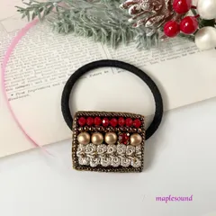 ゴールドパール&ビジュー付きヘアゴム　赤