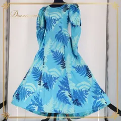 フラダンス 衣装 ワンピース ドレス ブルー系 ハワイアンプリント アロハ レッスン 練習 長袖 青 水色 植物柄 かわいい 上品 おしゃれ 大人っぽい さわやか 鮮やか 華やか ロング丈 パフスリーブ フェミニン エレガント カジュアル 自然柄 清楚