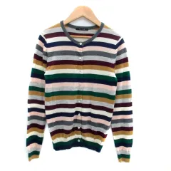 マカフィー MACPHEE トゥモローランド ニットカーディガン ラウンドネック ミドル丈 ボーダー柄 ウール M マルチカラー グレー /HO31