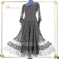 社交ダンス 衣装 スタンダード 上下セット ツーピース パーティ衣装 女性用 レディース オールシーズン 黒 SICO-PON ブラック系 ラインストーン ラインストーン付き ドレス スカート おしゃれ フェミニン ダンスウェア エレガント 高品質 伸縮性あり