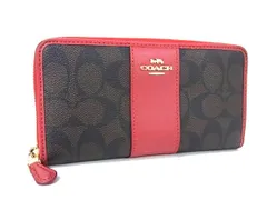 COACH コーチ シグネチャー PVC×レザー ラウンドファスナー 長財布 ウォレット 札入れ 小銭入れ ブラウン系×レッド系 DH8234