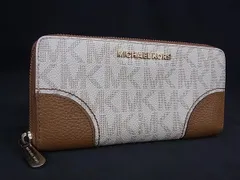 ■美品■ MICHAEL KORS マイケルコース MK柄 PVC×レザー ラウンドファスナー 長財布 ウォレット アイボリー系×ブラウン系 DI8135