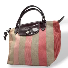 美品 ロンシャン LONGCHAMP ルプリアージュ ハンドバッグ トートバッグ マルチカラー ストライプ ベージュ ピンク キャンバス×レザー U2