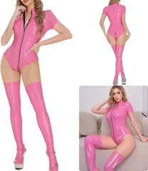 R-Dream ボディースーツ タイツ コスプレ セクシー キャットスーツ 光沢 レオタード 大きいサイズ ハイレグ エナメル風 レザー風 レースクイーン コスチューム 衣装 ハロウィン 仮装 (ピンクL)